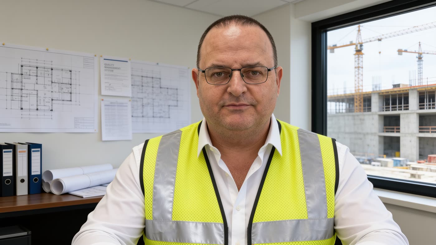 Frans, Senior QA/QC Manager, in a site office